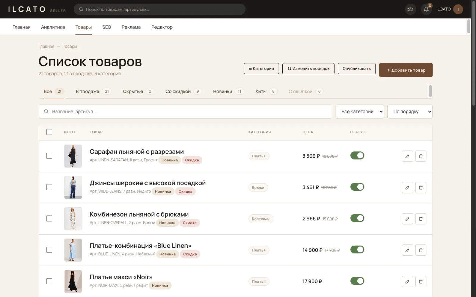 CMS ILCATO — раздел «Товары»: список с ценами, статусами и тумблерами видимости
